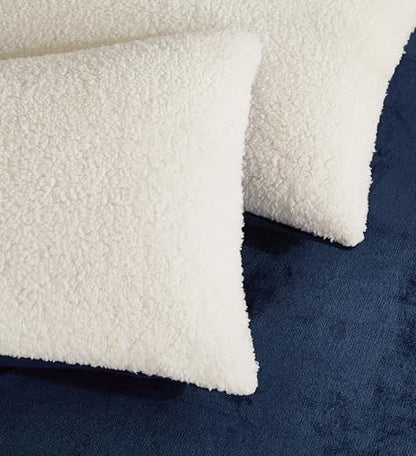 2-in-1 Teddy Sherpa Quilt Cover Set (Navy Blue, Queen)