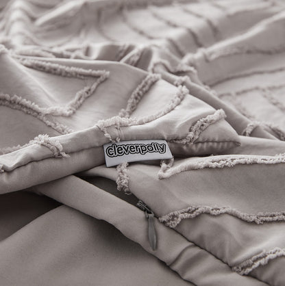 100% Premium Tufted Microfibre Quilt Cover Set - Ultra-Soft, Durable Embroidery Bedding Comforter Set - Machine Washable & Zipper Closure - Beige - Queen