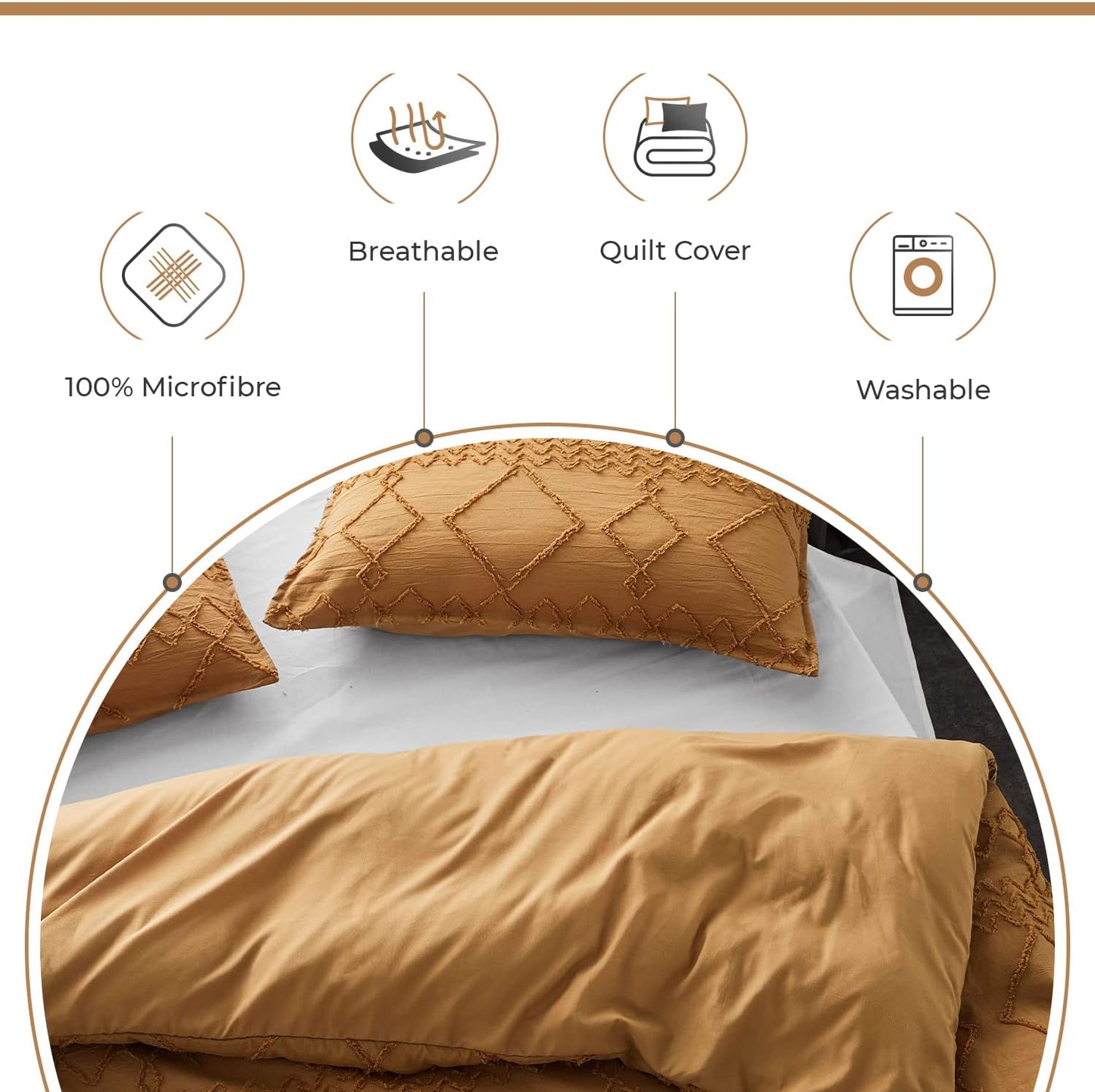 100% Premium Tufted Microfibre Quilt Cover Set - Ultra-Soft, Durable Embroidery Bedding Comforter Set - Machine Washable & Zipper Closure - Caramel - Queen