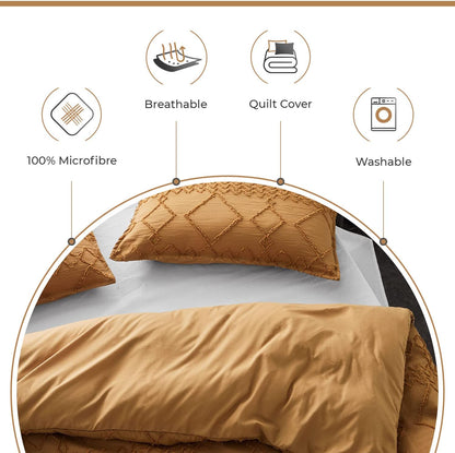 100% Premium Tufted Microfibre Quilt Cover Set - Ultra-Soft, Durable Embroidery Bedding Comforter Set - Machine Washable & Zipper Closure - Caramel - Queen