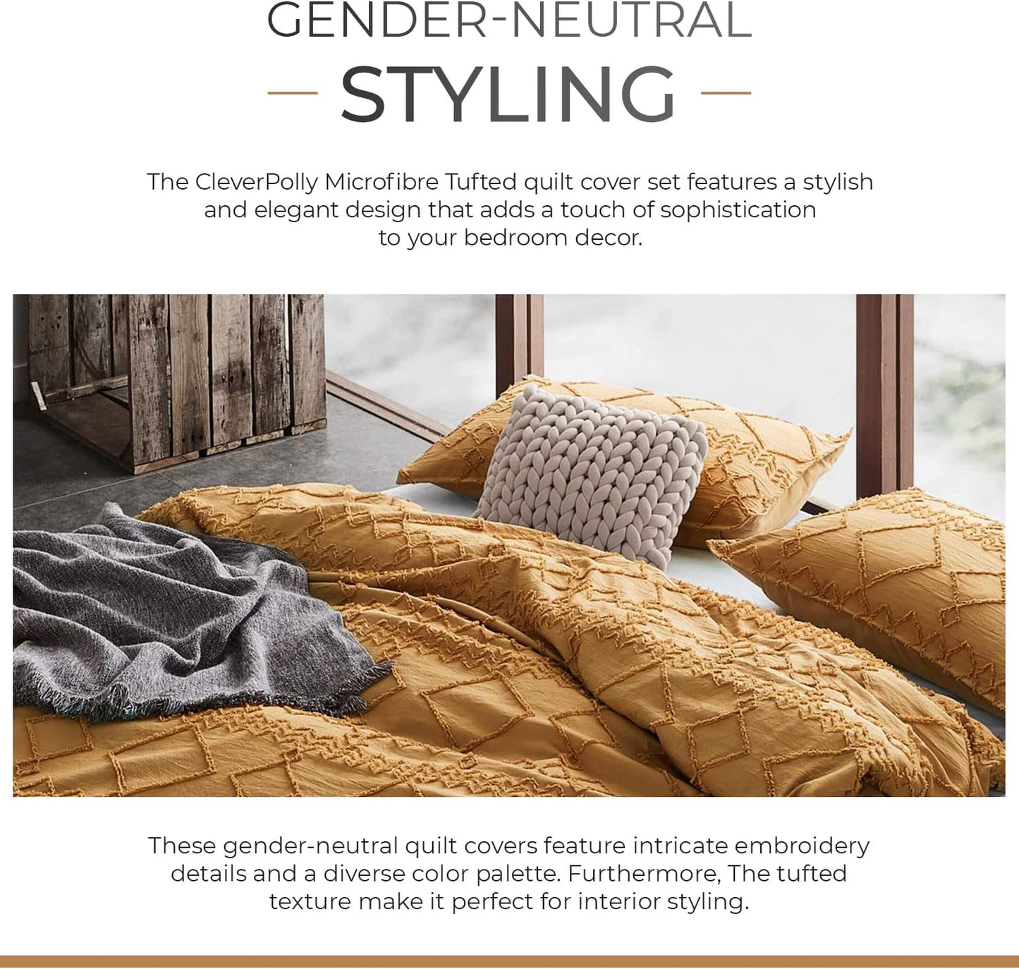 100% Premium Tufted Microfibre Quilt Cover Set - Ultra-Soft, Durable Embroidery Bedding Comforter Set - Machine Washable & Zipper Closure - Caramel - Queen