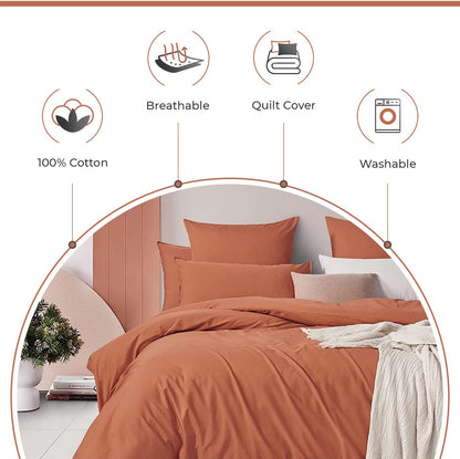 100% Cotton Vintage Washed Bed Quilt Cover Set - Brick - Queen Size