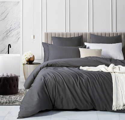 100% Cotton Vintage Washed Bed Quilt Cover Set - Charcoal - Queen Size