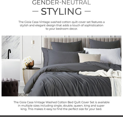 100% Cotton Vintage Washed Bed Quilt Cover Set - Charcoal - Queen Size