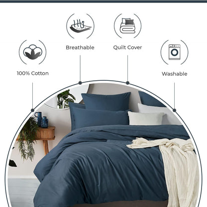 100% Cotton Vintage Washed Bed Quilt Cover Set - Dark Indigo - Queen Size
