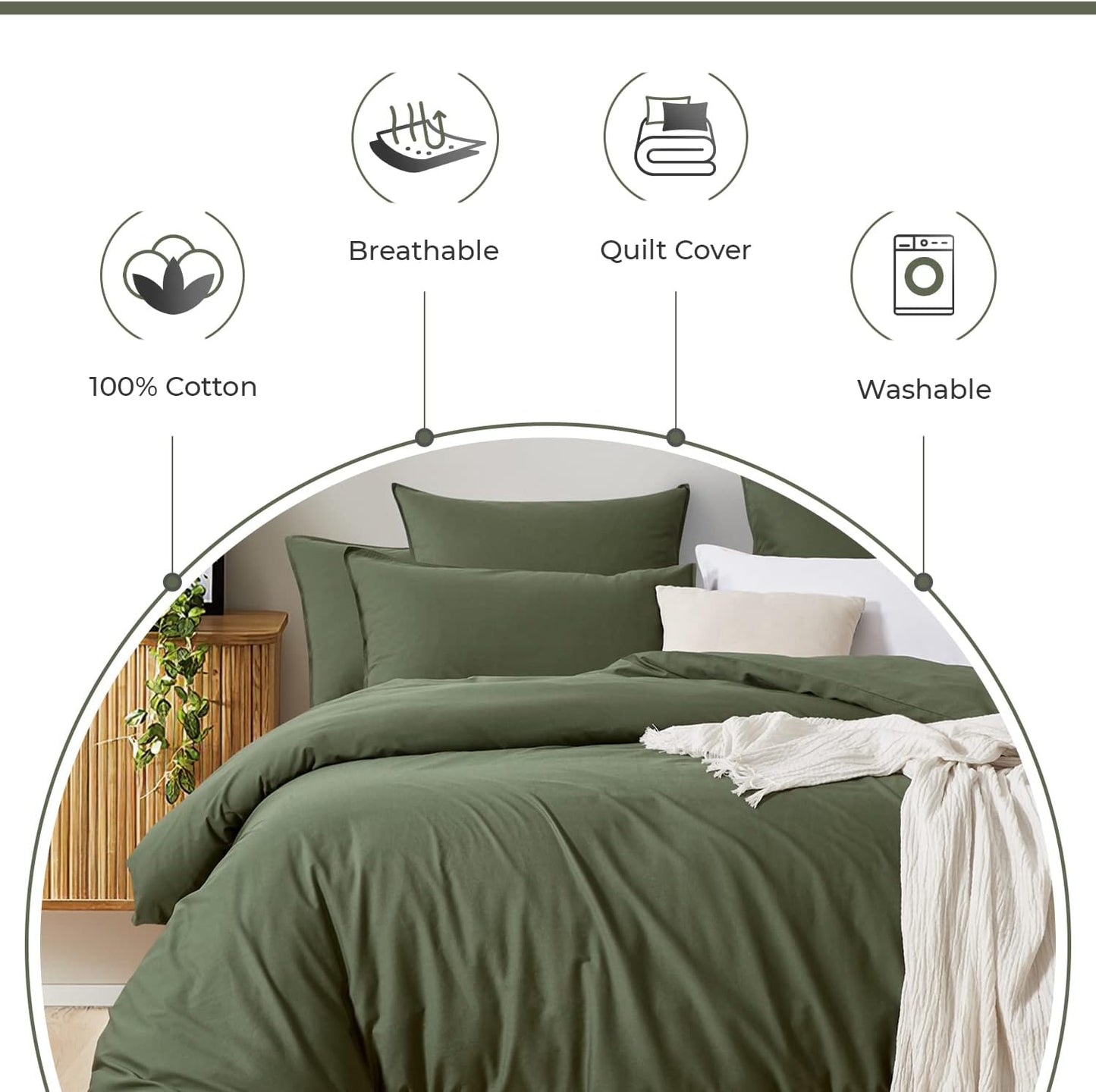 100% Cotton Vintage Washed Bed Quilt Cover Set - Khaki Green - Queen Size