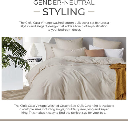 100% Cotton Vintage Washed Bed Quilt Cover Set - Natural - Queen Size
