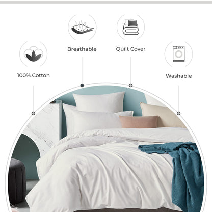 100% Cotton Vintage Washed Bed Quilt Cover Set - White - Queen Size