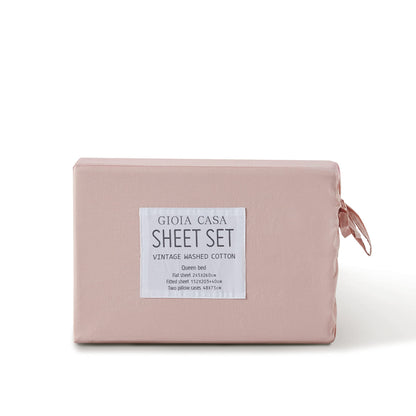 Vintage Washed 100% Cotton Sheet Set with 2 Pillowcases - Pink - Queen Size
