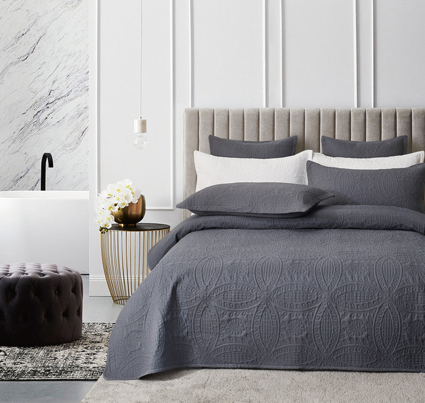 Lisbon Quilted 3-Piece Embossed Coverlet Set (Charcoal, Queen/King)