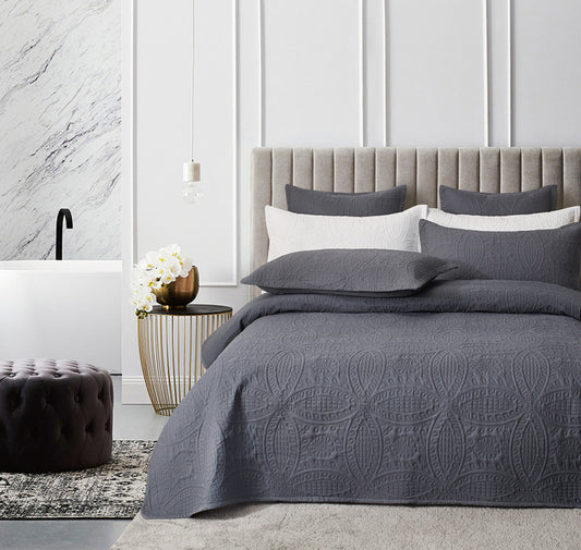 Lisbon Quilted 3-Piece Embossed Coverlet Set (Charcoal, Queen/King)