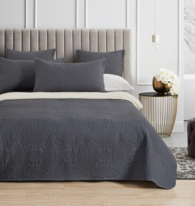 Lisbon Quilted 3-Piece Embossed Coverlet Set (Charcoal, Queen/King)
