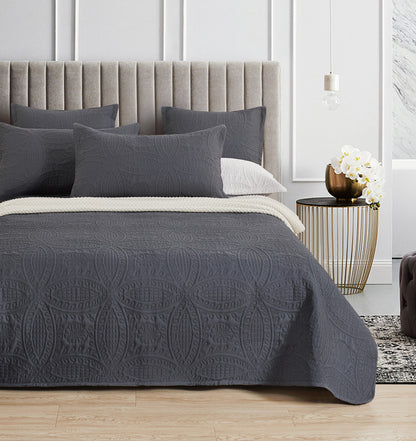 Lisbon Quilted 3-Piece Embossed Coverlet Set (Charcoal, Queen/King)