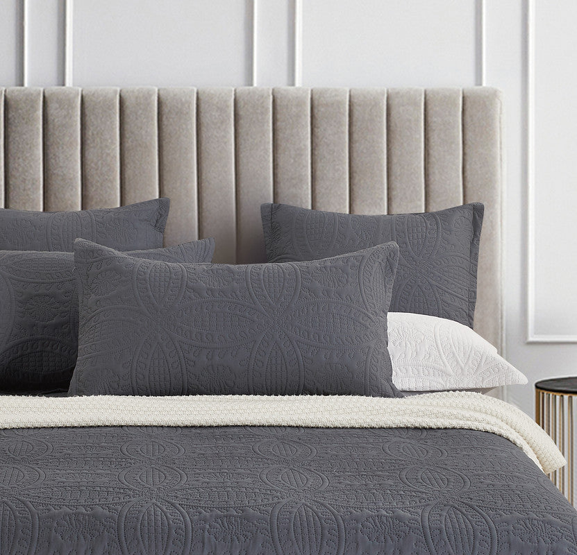 Lisbon Quilted 3-Piece Embossed Coverlet Set (Charcoal, Queen/King)