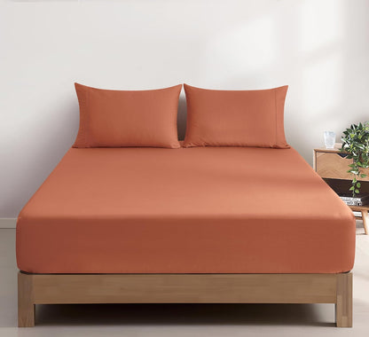 100% Vintage Washed Cotton Fitted Sheet Combo Set – 100% Natural Cotton, Ultra Soft & Breathable – Includes Fitted Sheet & Pillowcases – Machine Washable (Brick, King)