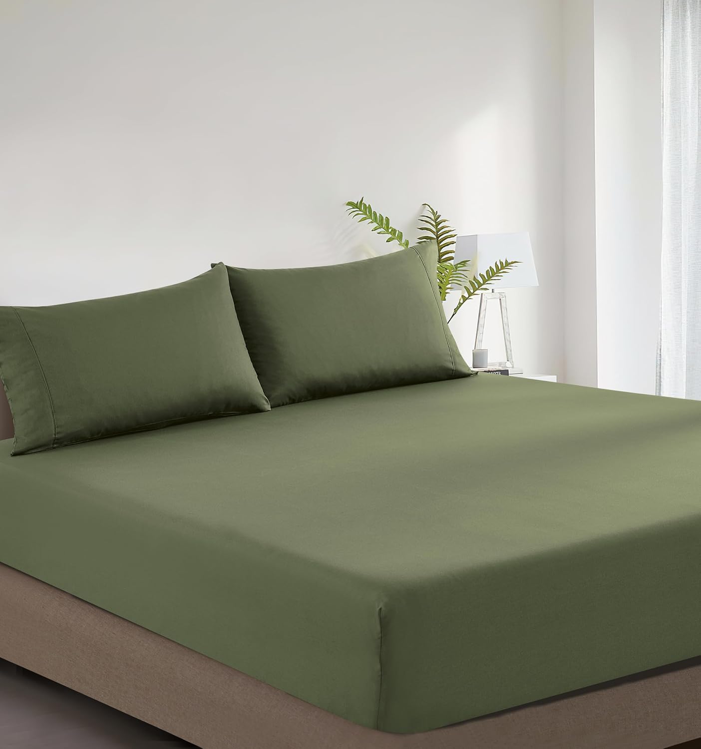 100% Vintage Washed Cotton Fitted Sheet Combo Set – 100% Natural Cotton, Ultra Soft & Breathable – Includes Fitted Sheet & Pillowcases – Machine Washable (Khaki Green, King)