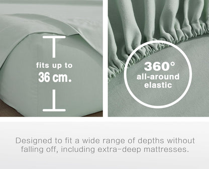 100% Vintage Washed Microfibre Fitted Sheet Set – Ultra Soft & Lightweight All-Season Fitted Sheet with 2 Pillowcases (Sage, King Size)