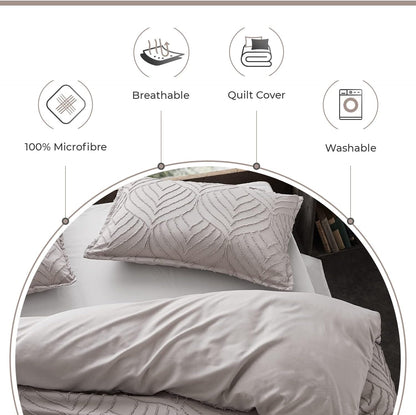 100% Premium Tufted Microfibre Quilt Cover Set - Ultra-Soft, Durable Embroidery Bedding Comforter Set - Machine Washable & Zipper Closure - Beige - King
