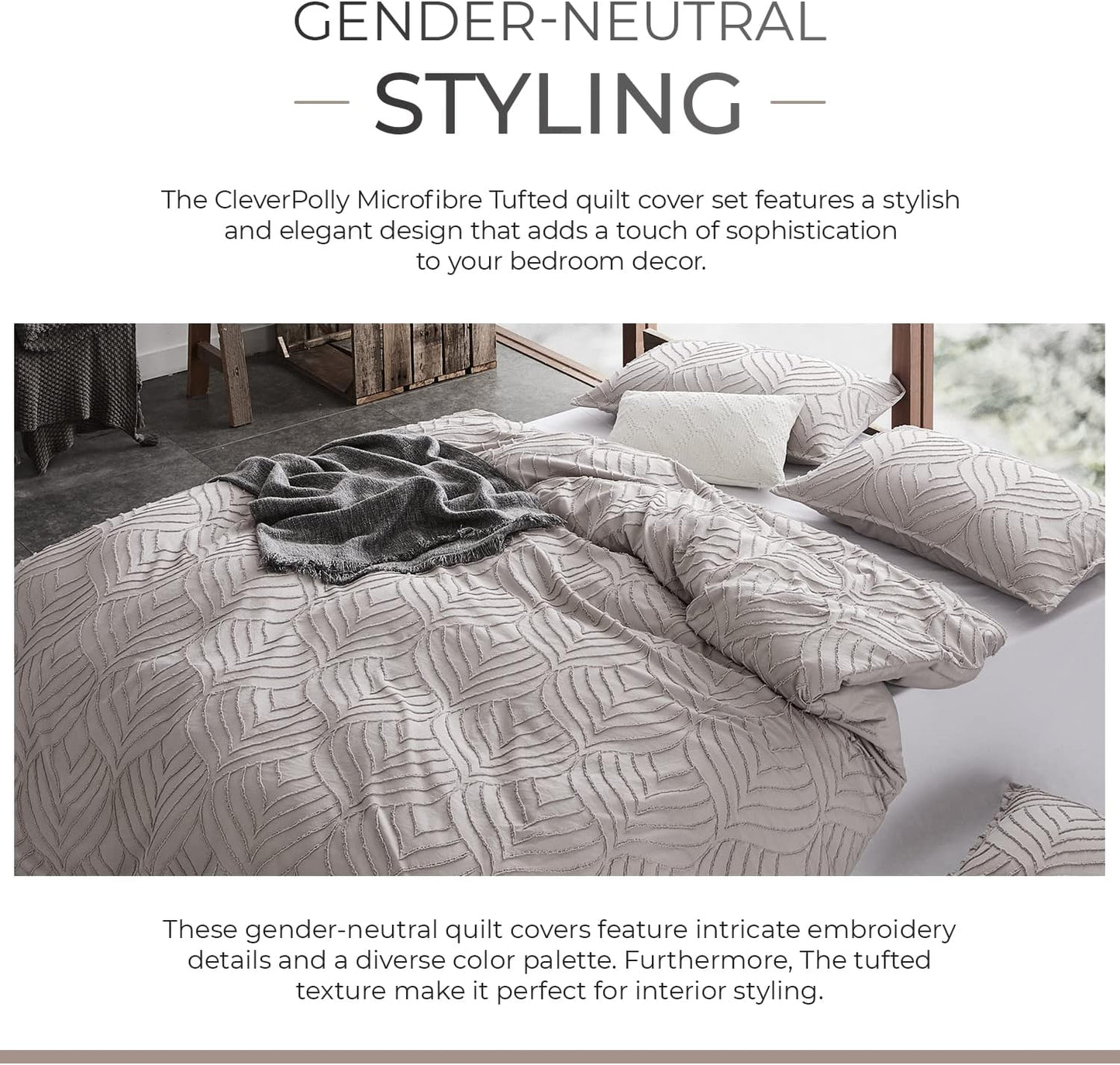 100% Premium Tufted Microfibre Quilt Cover Set - Ultra-Soft, Durable Embroidery Bedding Comforter Set - Machine Washable & Zipper Closure - Beige - King