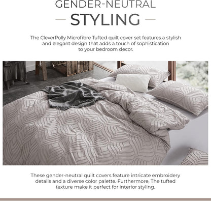 100% Premium Tufted Microfibre Quilt Cover Set - Ultra-Soft, Durable Embroidery Bedding Comforter Set - Machine Washable & Zipper Closure - Beige - King