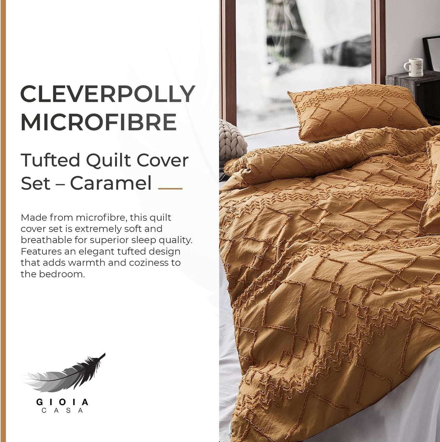 100% Premium Tufted Microfibre Quilt Cover Set - Ultra-Soft, Durable Embroidery Bedding Comforter Set - Machine Washable & Zipper Closure - Caramel - King