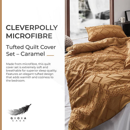 100% Premium Tufted Microfibre Quilt Cover Set - Ultra-Soft, Durable Embroidery Bedding Comforter Set - Machine Washable & Zipper Closure - Caramel - King