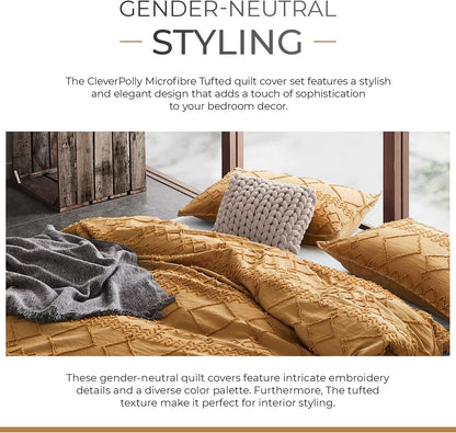 100% Premium Tufted Microfibre Quilt Cover Set - Ultra-Soft, Durable Embroidery Bedding Comforter Set - Machine Washable & Zipper Closure - Caramel - King