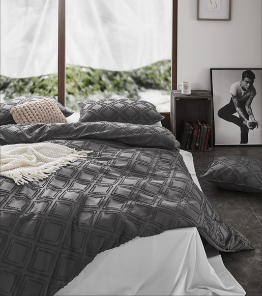 100% Premium Tufted Microfibre Quilt Cover Set - Ultra-Soft, Durable Embroidery Bedding Comforter Set - Machine Washable & Zipper Closure - Smoke - King
