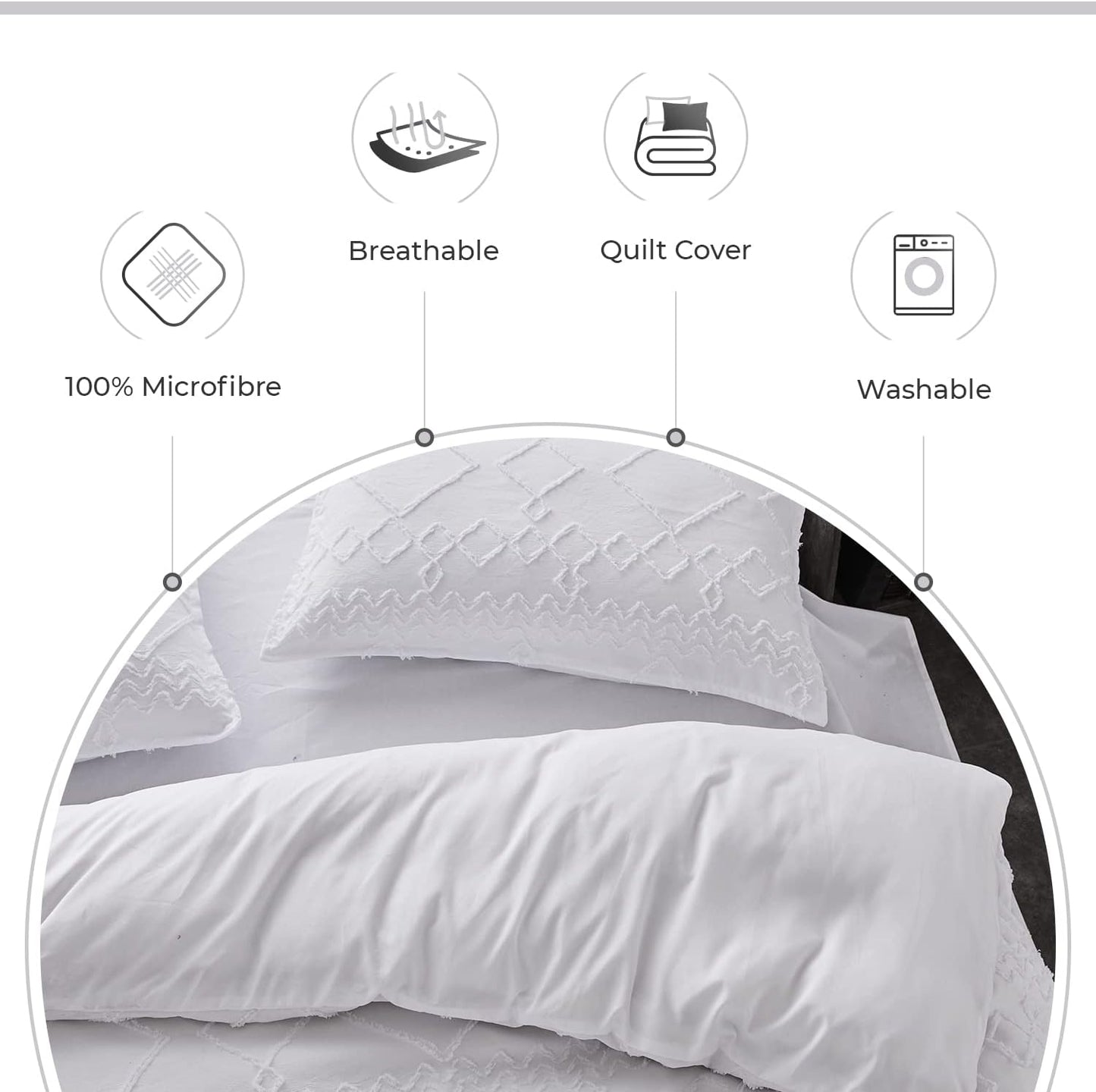 100% Premium Tufted Microfibre Quilt Cover Set - Ultra-Soft, Durable Embroidery Bedding Comforter Set - Machine Washable & Zipper Closure - White - King