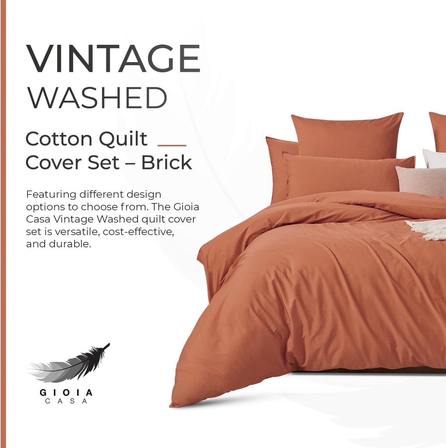 100% Cotton Vintage Washed Bed Quilt Cover Set - Brick - King Size