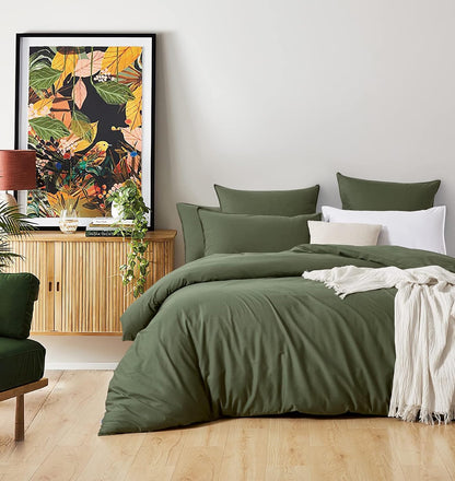100% Cotton Vintage Washed Bed Quilt Cover Set - Khaki Green - King Size