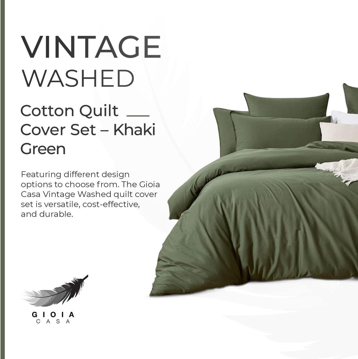 100% Cotton Vintage Washed Bed Quilt Cover Set - Khaki Green - King Size