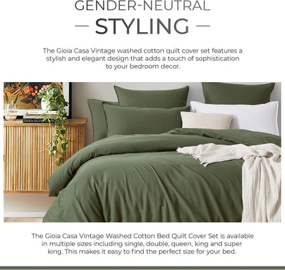 100% Cotton Vintage Washed Bed Quilt Cover Set - Khaki Green - King Size