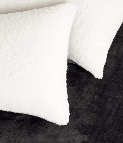 Teddy Sherpa Twin-Pack European Pillowcases - Soft Reversible Velvet & Sherpa Cushion Covers - Machine Washable with Zipper Closure -  65x65cm - Charcoal