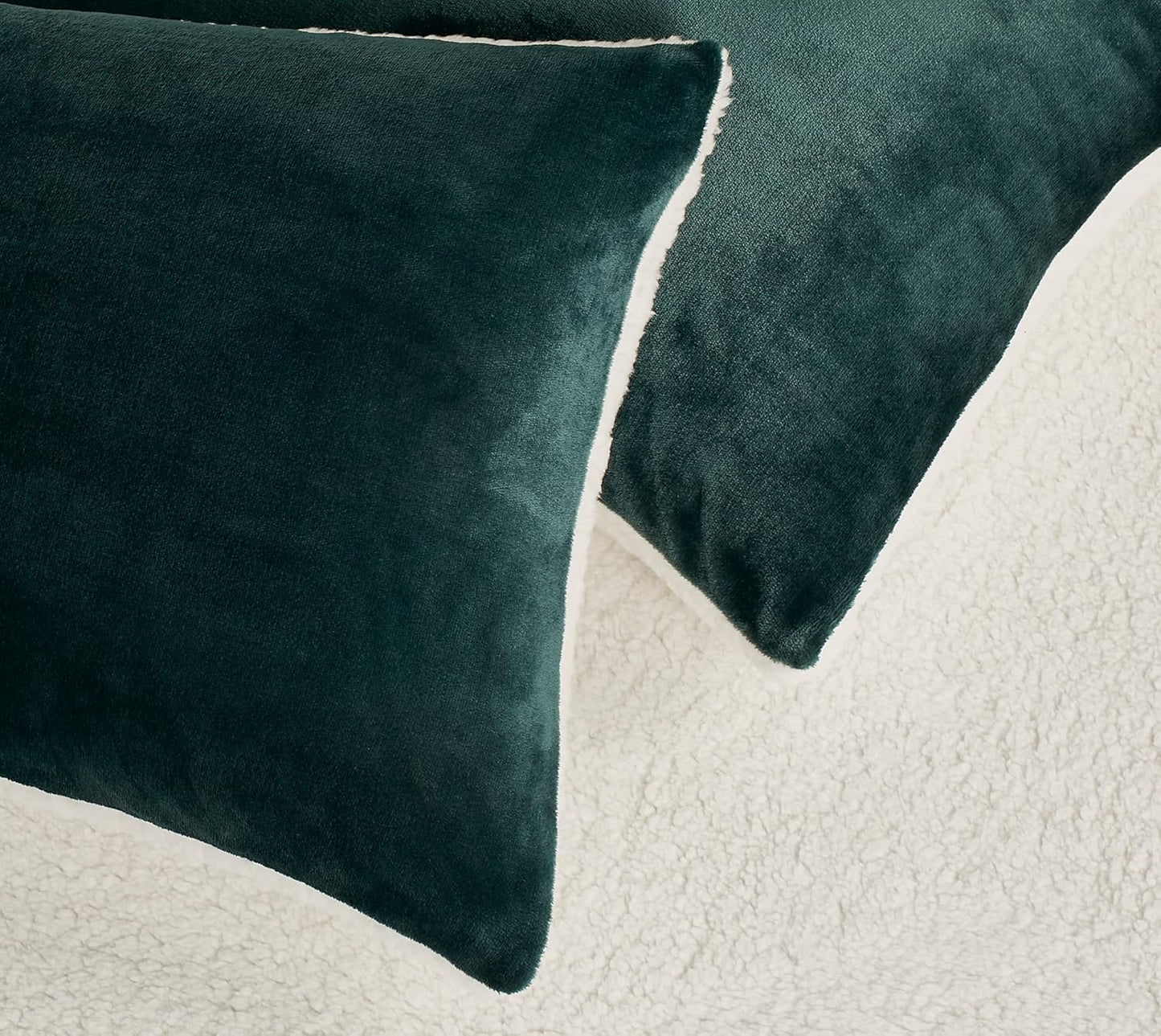 Teddy Sherpa Twin-Pack European Pillowcases - Soft Reversible Velvet & Sherpa Cushion Covers - Machine Washable with Zipper Closure -  65x65cm - Emerald Green