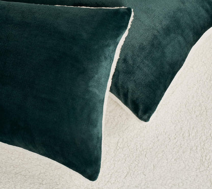 Teddy Sherpa Twin-Pack European Pillowcases - Soft Reversible Velvet & Sherpa Cushion Covers - Machine Washable with Zipper Closure -  65x65cm - Emerald Green