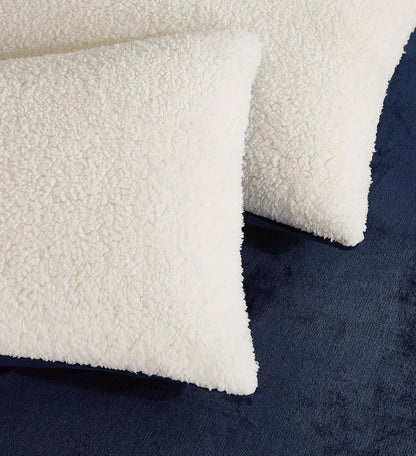 Teddy Sherpa Twin-Pack European Pillowcases - Soft Reversible Velvet & Sherpa Cushion Covers - Machine Washable with Zipper Closure -  65x65cm - Navy Blue