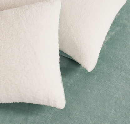 Teddy Sherpa Twin-Pack European Pillowcases - Soft Reversible Velvet & Sherpa Cushion Covers - Machine Washable with Zipper Closure -  65x65cm - Sage Green