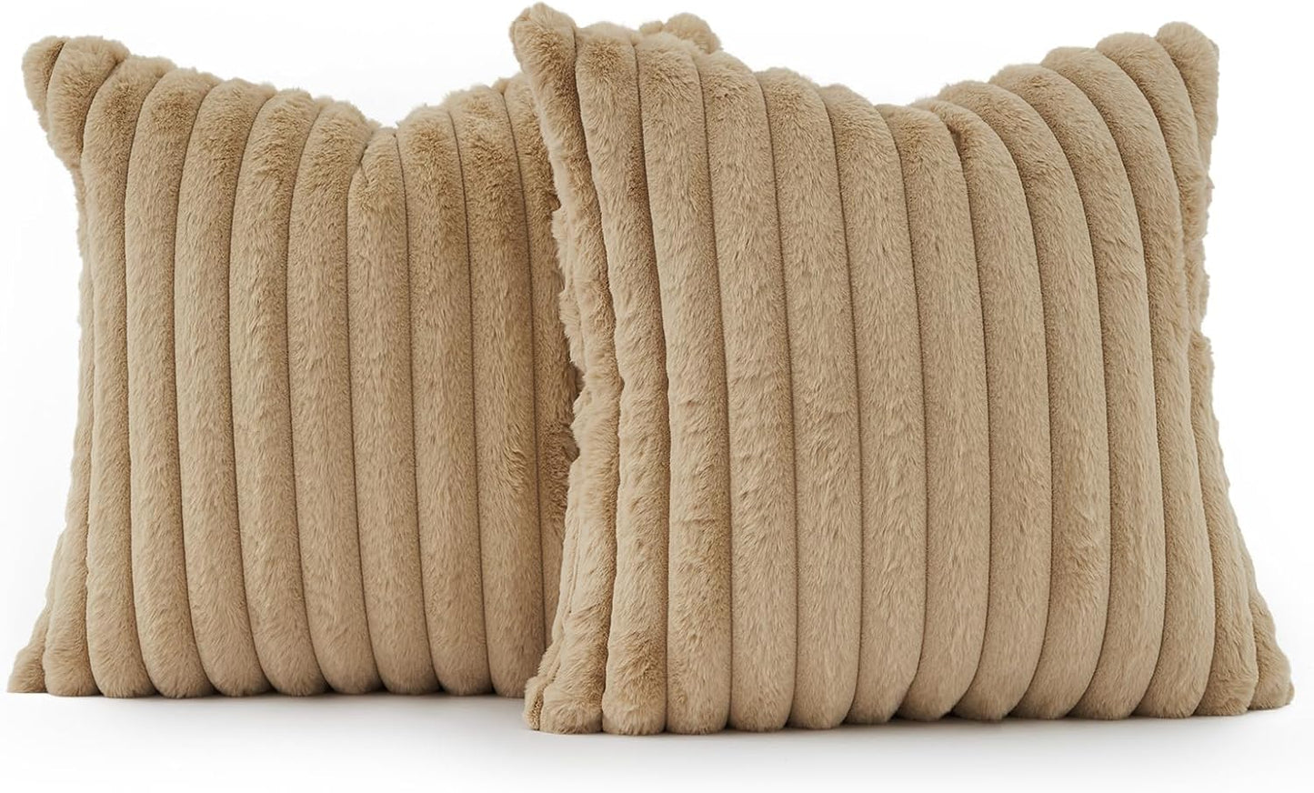 Faux Fur Cushion Covers - Chunky Embossed Flannel with Hidden Zipper - Natural, 45cm x 45cm (Pack of 2)