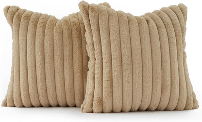 Faux Fur Cushion Covers - Chunky Embossed Flannel with Hidden Zipper - Natural, 45cm x 45cm (Pack of 2)