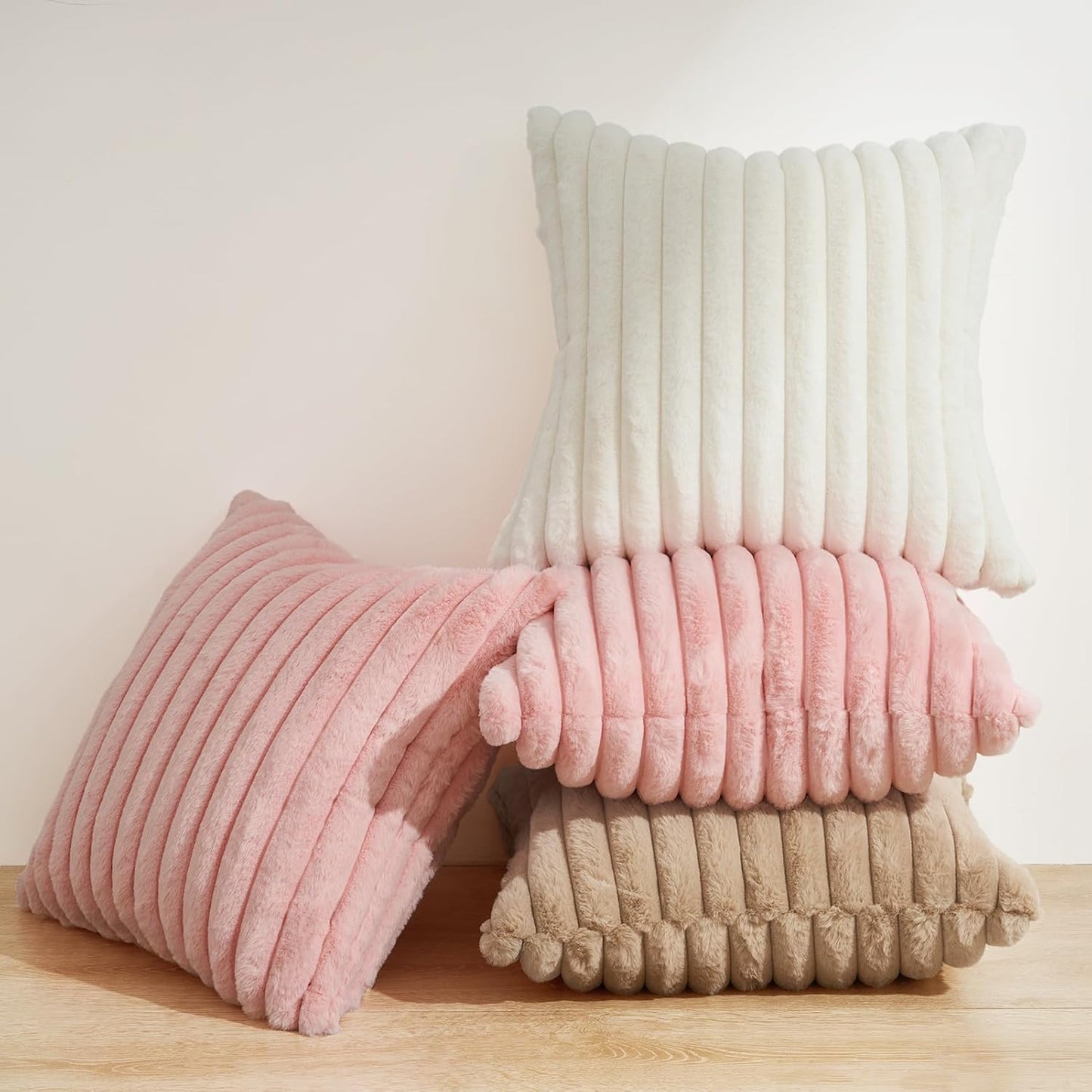 Faux Fur Cushion Covers - Chunky Embossed Flannel with Hidden Zipper - Natural, 45cm x 45cm (Pack of 2)