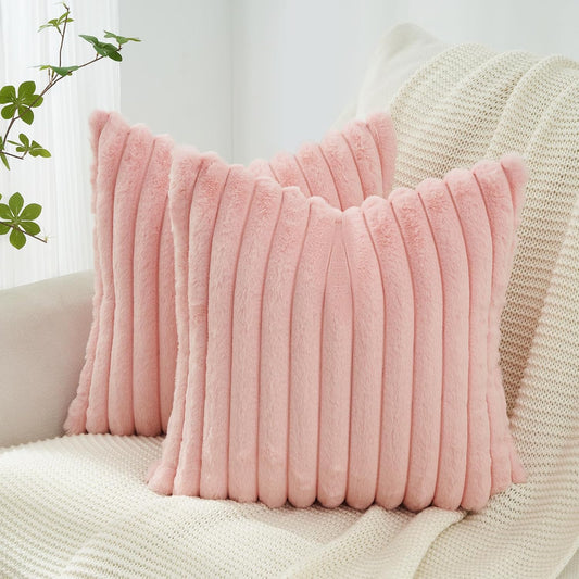 Faux Fur Cushion Covers - Chunky Embossed Flannel with Hidden Zipper - Pink, 45cm x 45cm (Pack of 2)