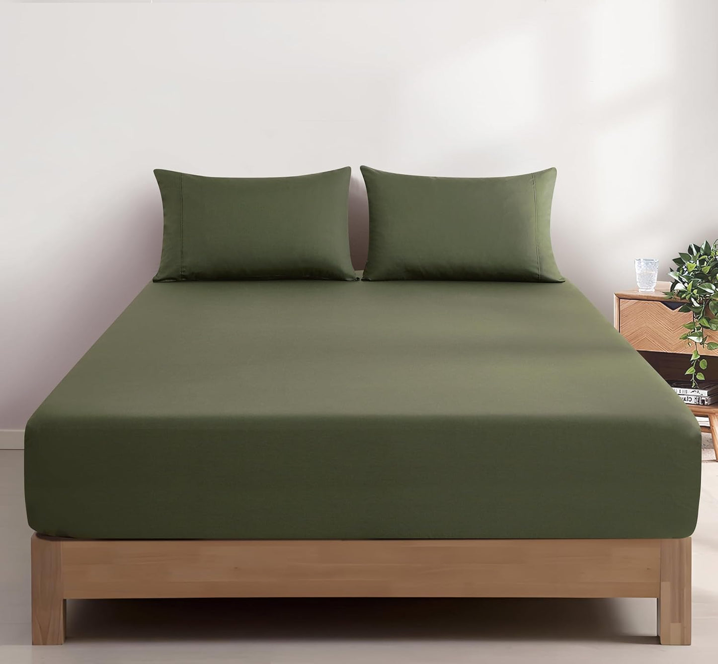 100% Vintage Washed Cotton Fitted Sheet Combo Set – 100% Natural Cotton, Ultra Soft & Breathable – Includes Fitted Sheet & Pillowcases – Machine Washable (Khaki Green, King Single)