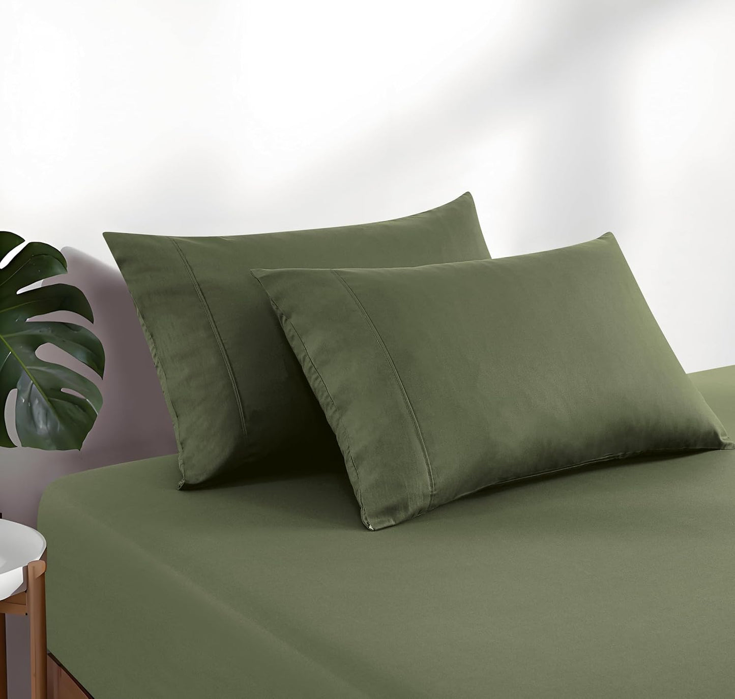100% Vintage Washed Cotton Fitted Sheet Combo Set – 100% Natural Cotton, Ultra Soft & Breathable – Includes Fitted Sheet & Pillowcases – Machine Washable (Khaki Green, King Single)