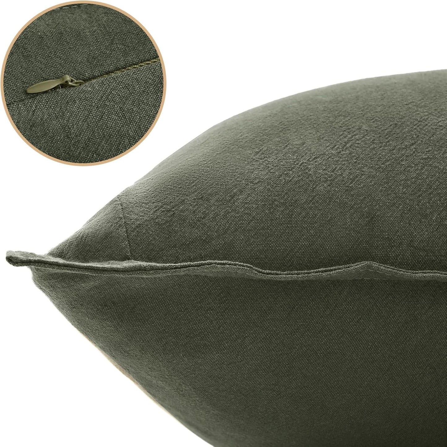 Linen Cushion Covers - 30% Linen 70% Cotton Blend, Soft & Breathable with Hidden Zipper Design - Khaki Green, 30cm x 50cm (Twin Pack)