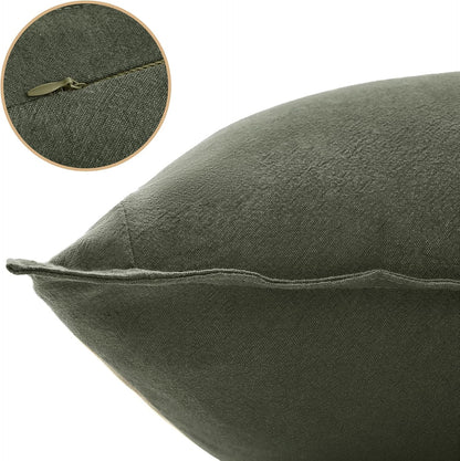 Linen Cushion Covers - 30% Linen 70% Cotton Blend, Soft & Breathable with Hidden Zipper Design - Khaki Green, 45cm x 45cm (Twin Pack)
