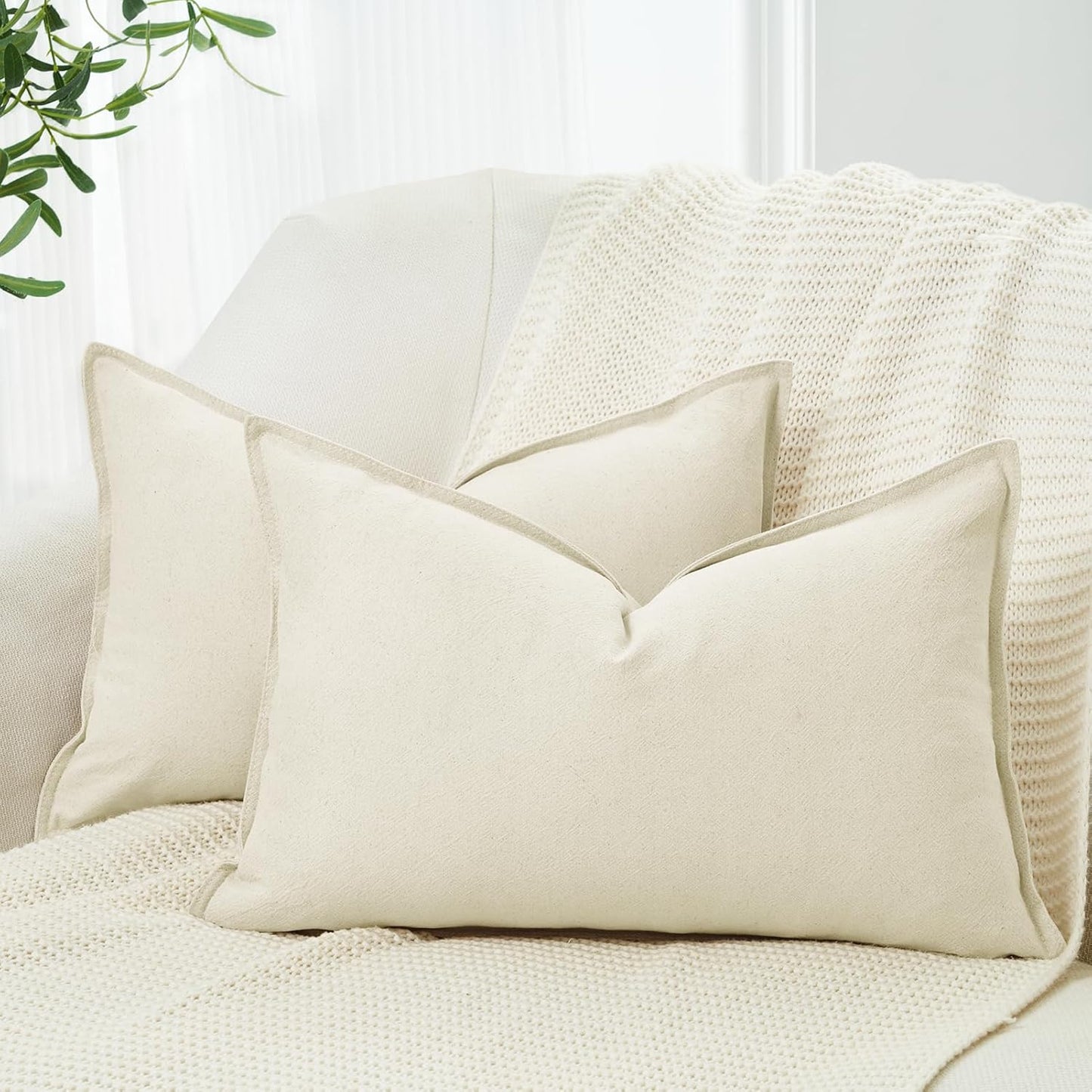 Linen Cushion Covers - 30% Linen 70% Cotton Blend, Soft & Breathable with Hidden Zipper Design - Linen, 30cm x 50cm (Twin Pack)