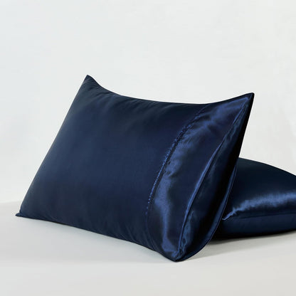 Satin Pillowcases - Silky Soft Polyester Satin with Zipper Closure - Navy Blue, 48cm x 73cm (Twin Pack)
