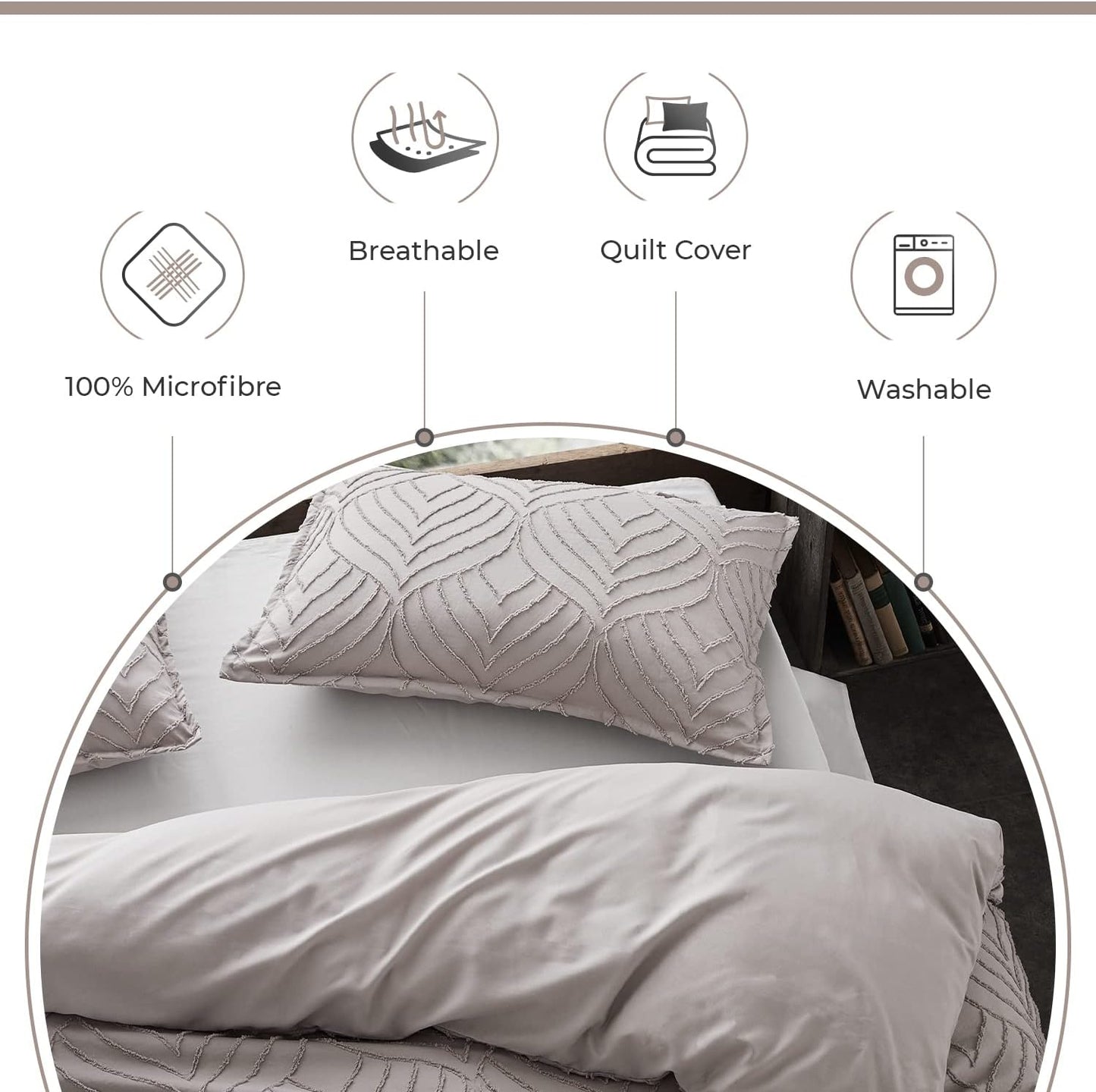 100% Premium Tufted Microfibre Quilt Cover Set - Ultra-Soft, Durable Embroidery Bedding Comforter Set - Machine Washable & Zipper Closure - Beige - Super King
