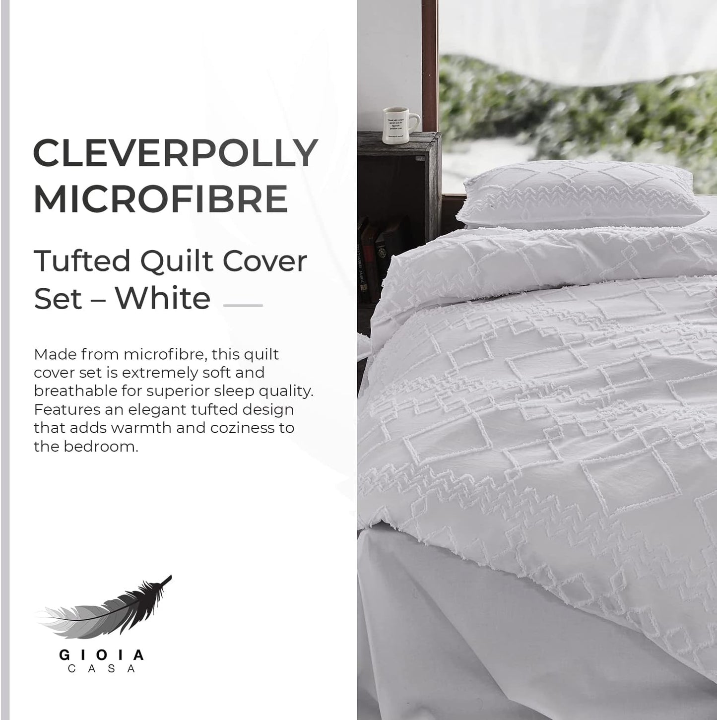 100% Premium Tufted Microfibre Quilt Cover Set - Ultra-Soft, Durable Embroidery Bedding Comforter Set - Machine Washable & Zipper Closure - White - Super King